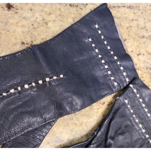 Vintage Size S 6 Black Leather Formal 10" Gloves Stitching Detail Geometric - Picture 5 of 16